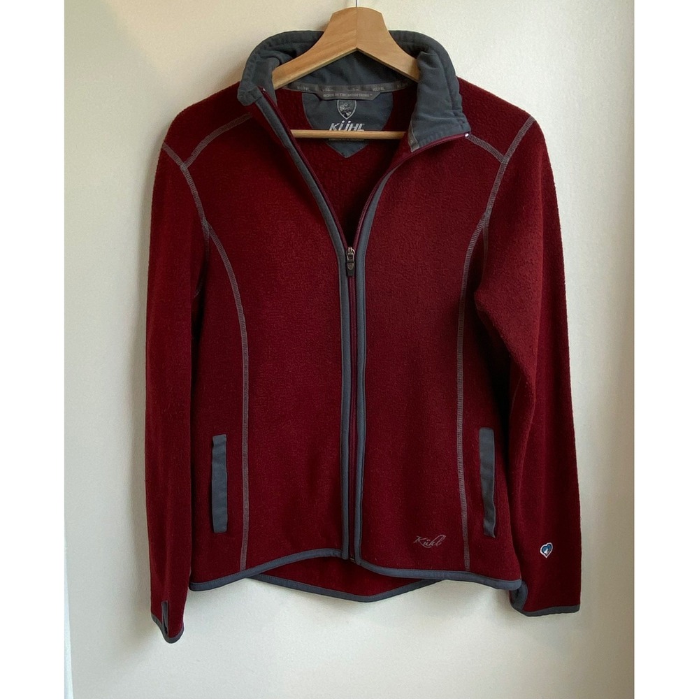 KUHL Alska Full Zip Fleece Jacket Womens Small Red Gray Trim Thumbholes Gorpcore